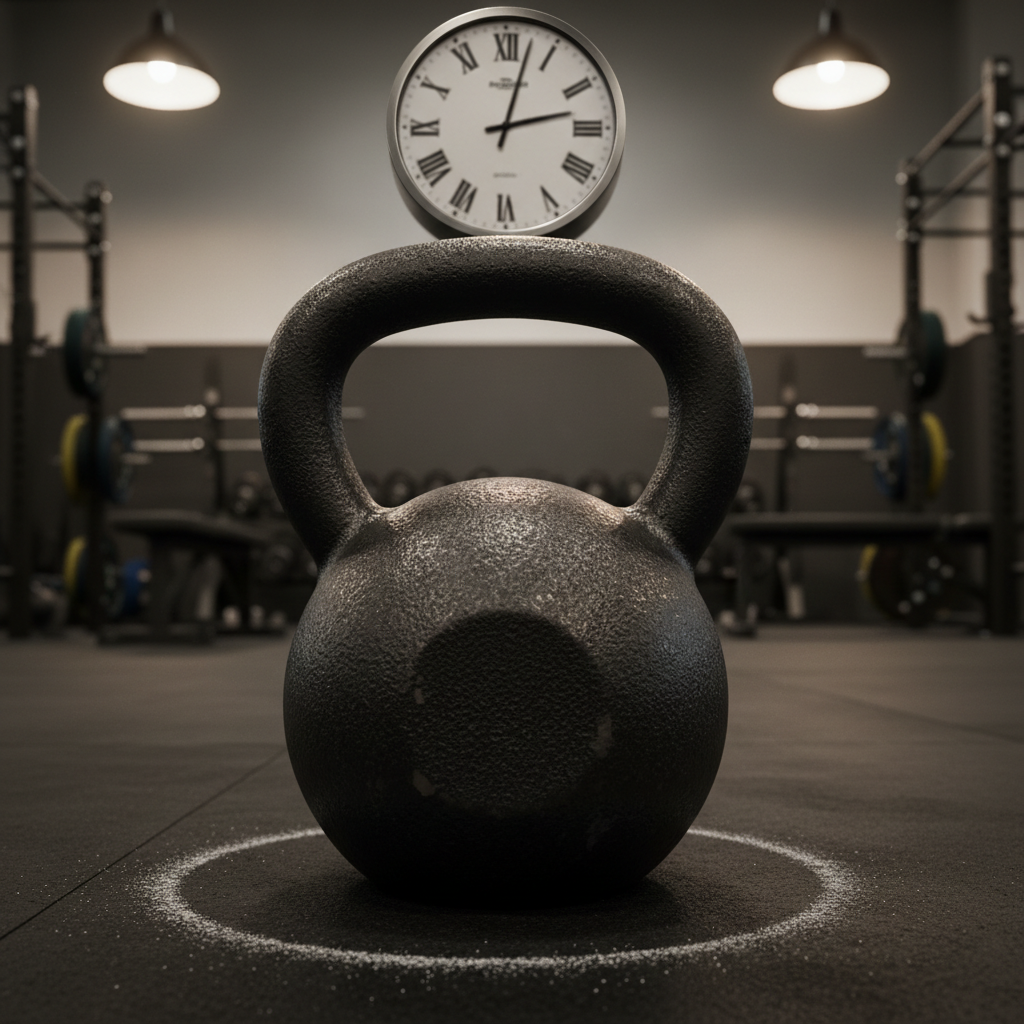 A close-up of a heavy, matte-black kettlebell resting on a dark rubber gym floor, with a faint chalk dust imprint around its rounded base. Behind it, slightly out of focus, an analog wall clock with bold black hands points to 5:00, hinting at early morning training. Overhead industrial-style lighting casts precise, directional highlights on the kettlebell’s curved handle, emphasizing its solid metal texture and subtle wear marks. The distant background shows blurred gym equipment shapes, reduced to soft forms and lines. Photographic realism, low-angle composition that makes the kettlebell feel monumental and central, with a shallow depth of field creating a focused, gritty, and highly motivated atmosphere that speaks to discipline, repetition, and long-term performance growth.